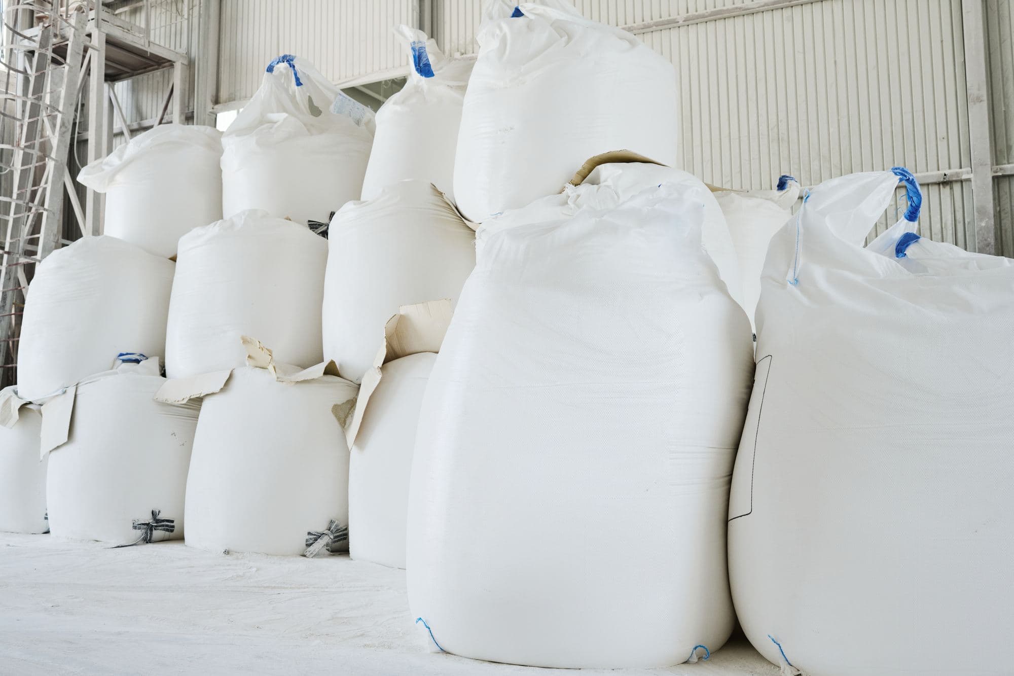 Food-grade FIBC bulk bags stacked in a warehouse
